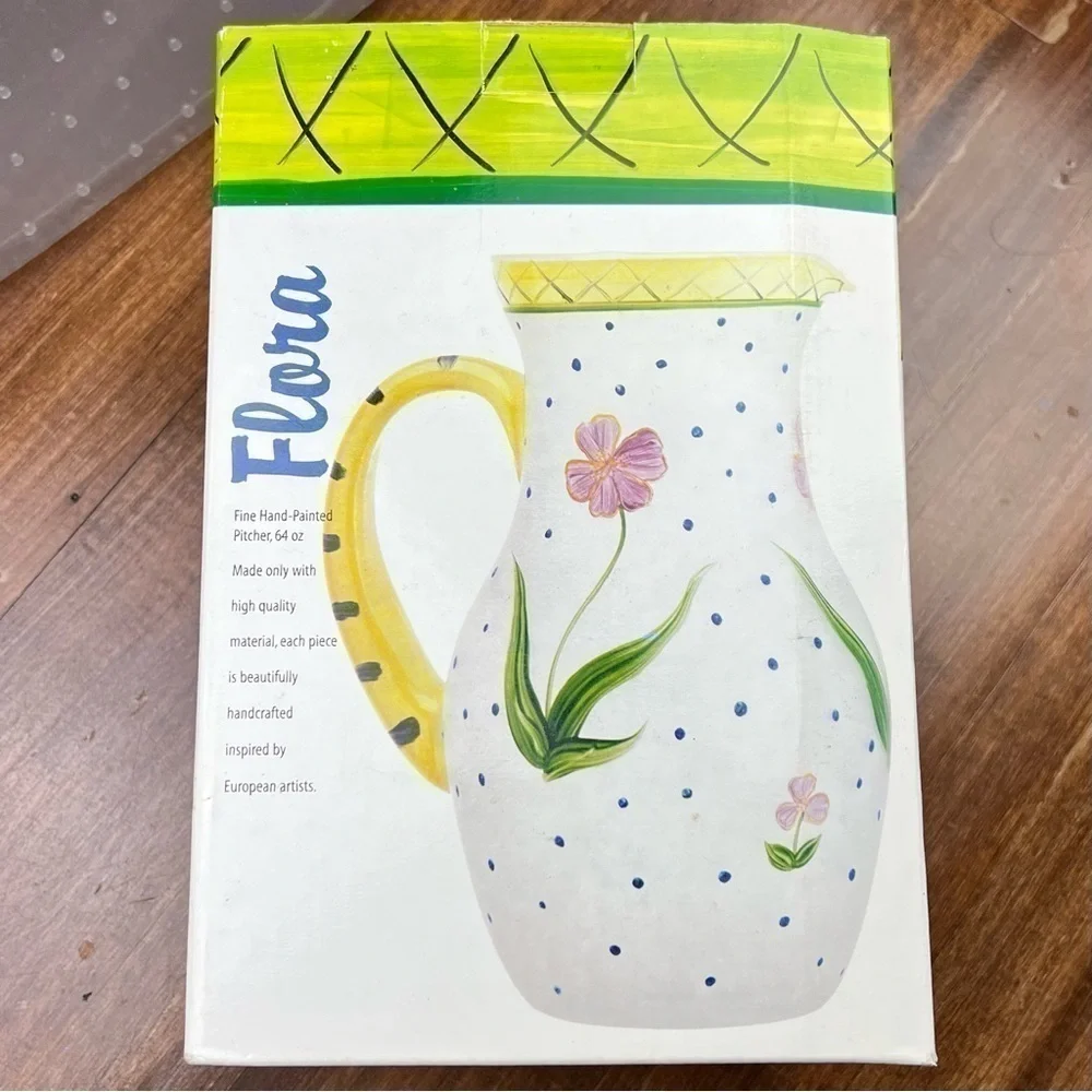 Flora Hand Painted Glass Pitcher 64 oz. Floral VTG Coastal Cottage Grandmother